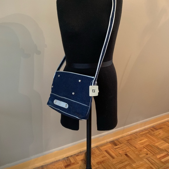 FENDI vintage denim adjustable bag with silver leather piping and rhinestones. - Picture 14 of 16